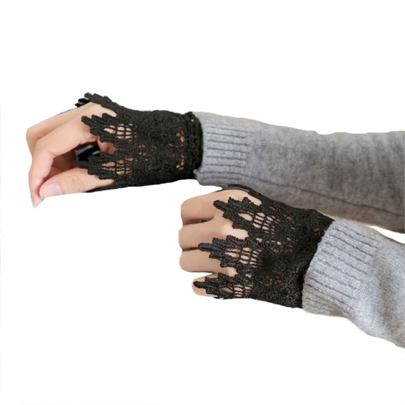 Muñequeras de encaje de ganchillo con agujeros para mujer, 1 par, mangas falsas elásticas, Color sólido, brazalete decorativo Vintage: 7