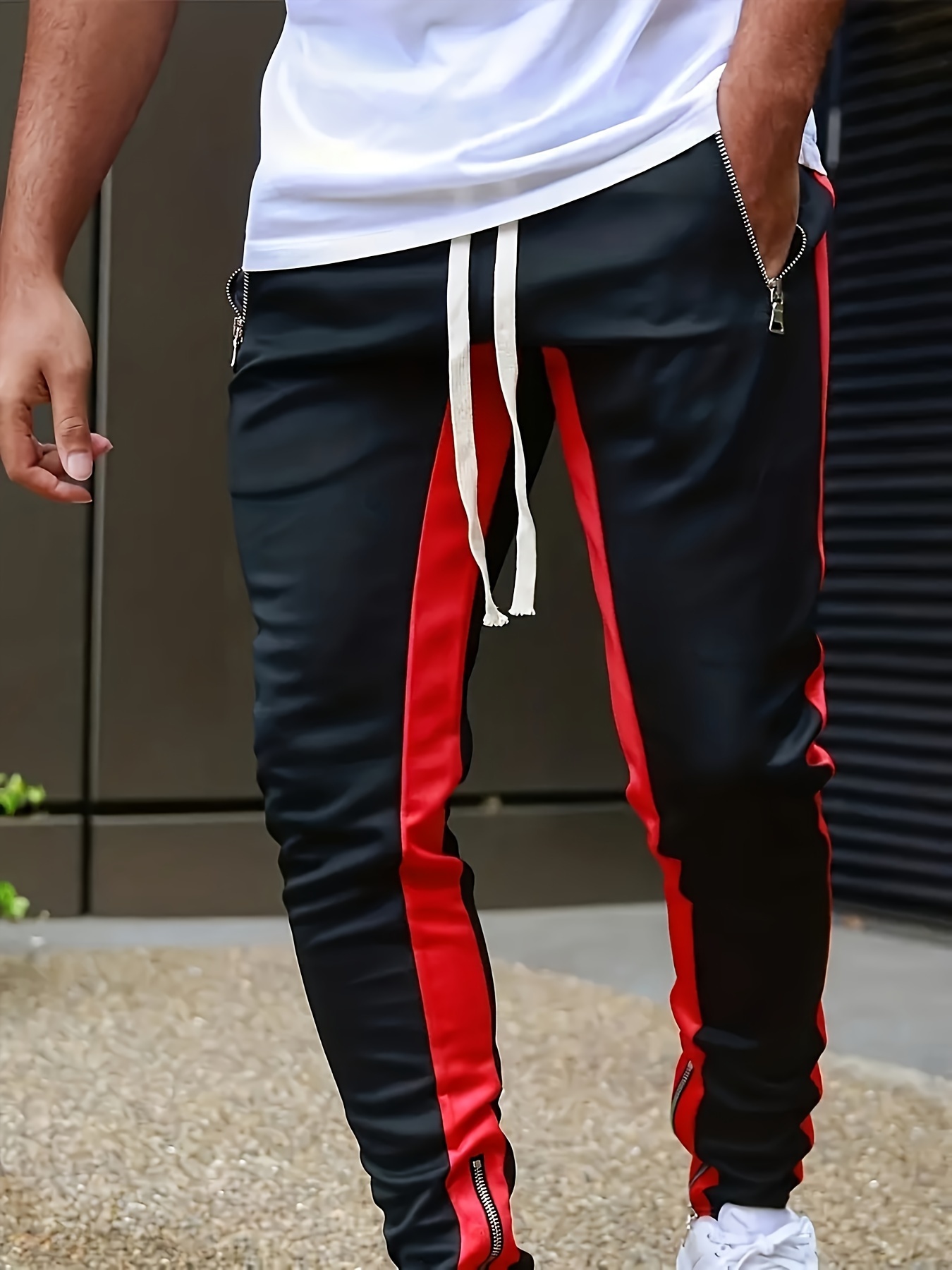 Herr sweatshirts joggingbyxor herr casualbyxor herr snygga färgblock dragkedjefickor dragsko sport skinny byxor byxor: L / Röd