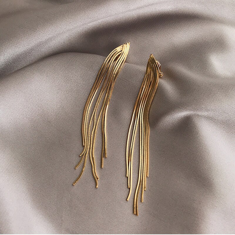 Boucles d&#39;oreilles Vintage pour femmes, longue chaîne en métal, pompon, Clip géométrique, bohème, sans Piercing, bijoux de fête, ,: gold clip