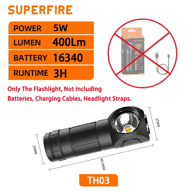 SUPERFIRE TH03 linterna frontal LED de alta potencia USB C recargable Mini 16340 EDC linterna de cabeza en ángulo con faro de trabajo de cola magnética: Blanco