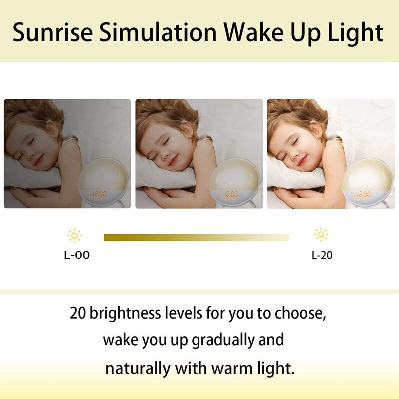Sunrise Alarm Clock Wake Up Light 7 Colors Sunrise Simulation Dual Alarm Clock with 7 Natural Sound and FM Radio-US Plug