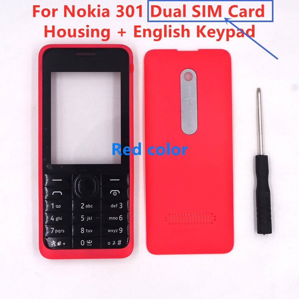 HKFASTEL 301 Housing For Nokia 301 Single Dual SIM Card Mobile Phone Cover Case + English Russian Arabic Keypad + Tool: Red Dual English