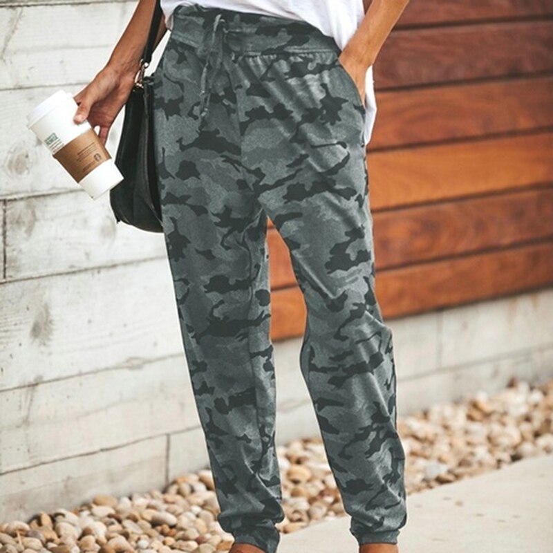Pantalones de Skateboarding para mujer, de camuflaje, elásticos, con cordón de cintura alta, informales,