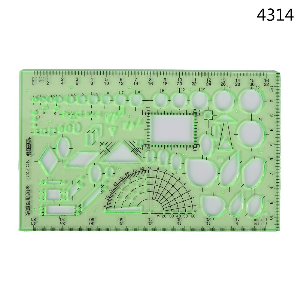 Regla de herramientas de medición de papelería de laboratorio de plástico verde, regla de diez tipos de plantillas, regla de geometría, regla de plantilla de dibujo, suministros escolares 1 unidad: N10