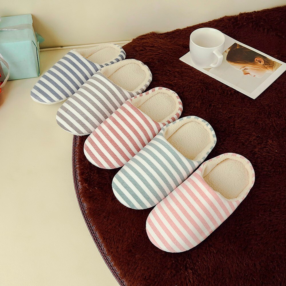 Women Men Winter HomeStriped Slipper Soft Winter Warm House Slippers Indoor Bedroom Couples Anti-slip Winter Floor Shoes #25