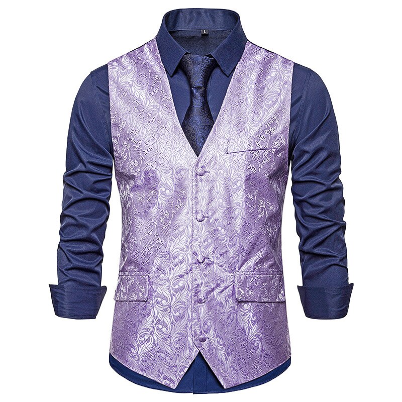 Jacquard kukkaprintti musta miesten liivi hääjuhla tanssiaiset miesten puku liivit rento slim fit miesten mekko liivi miesten liivi liivi: Violetti / Aasialainen s