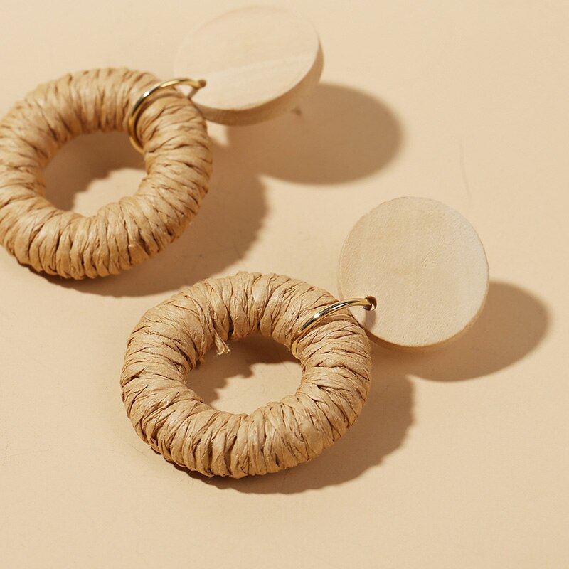 Bohemian Ladies Handmade Vine Rattan Straw Woven Earrings For Women Boho Geometric Round Wooden Dangle Earring Jewelry