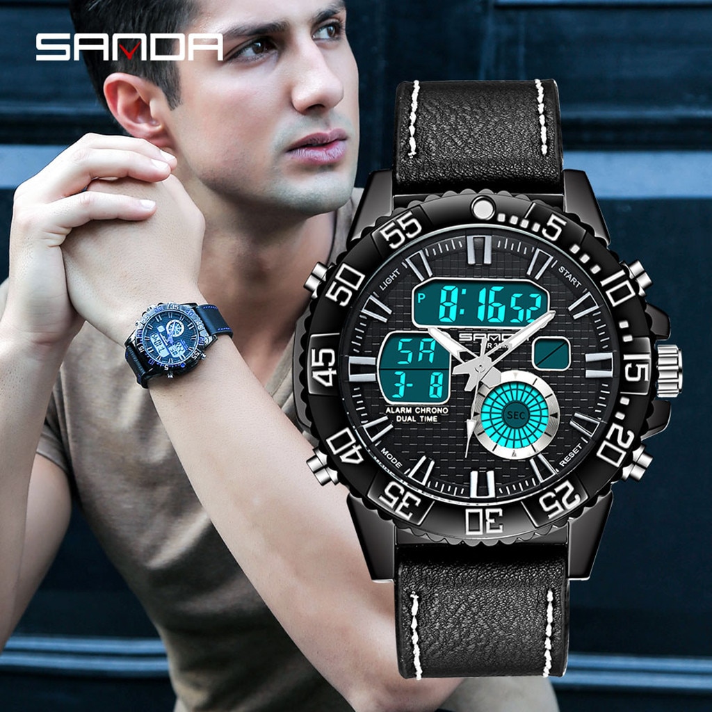 Sport Männer Uhren Wasserdicht Dual Display Analog Digital LED Männlichen Leder Strap Elektronische Handgelenk Uhr Reloj Hombre homme