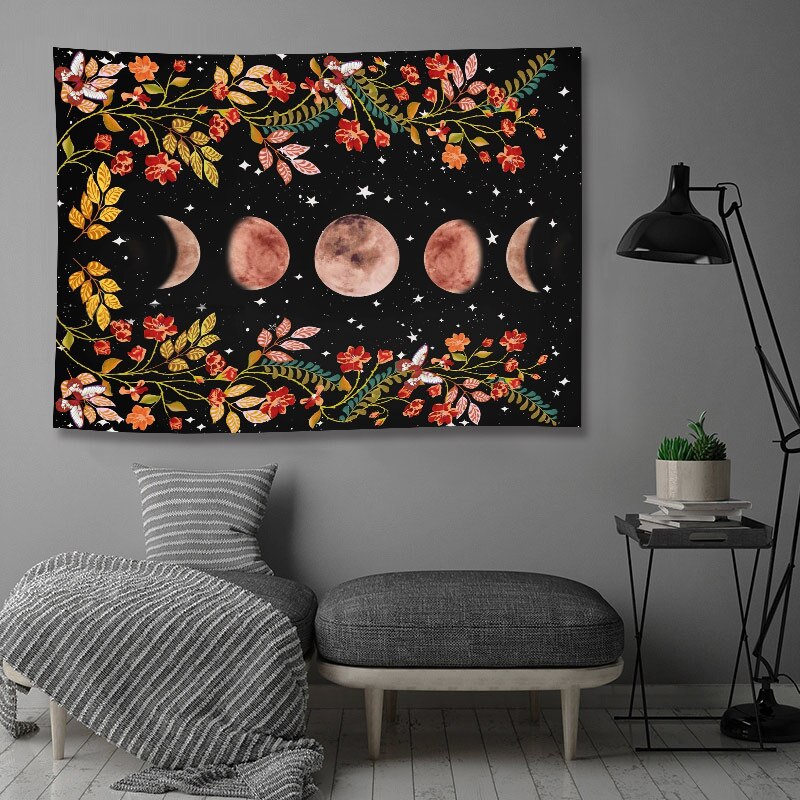 Large Size Moonlight Garden Tapestry Moon Phase Surrounded By Plants and Flowers Wall Hanging Blanket Room Decor Yoga Mat