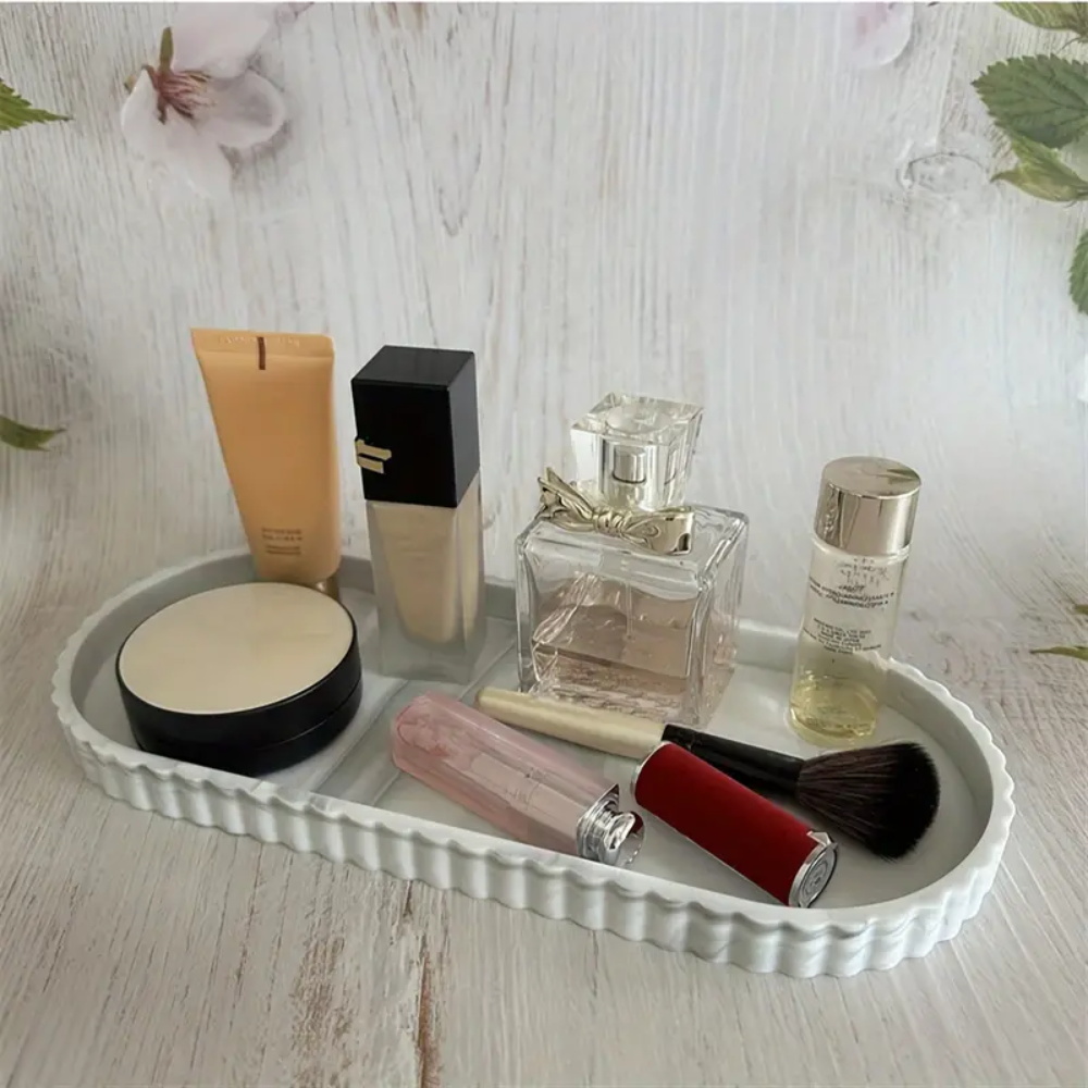 1 paquete de bandeja de almacenamiento ovalada para tocador, bandeja dispensadora de jabón para encimera, bandeja de silicona para encimera de baño, bandeja de almacenamiento de champú y perfume desinfectante para manos, bandeja de exhibición de joyería para accesorios diarios y almacenamiento decorativo