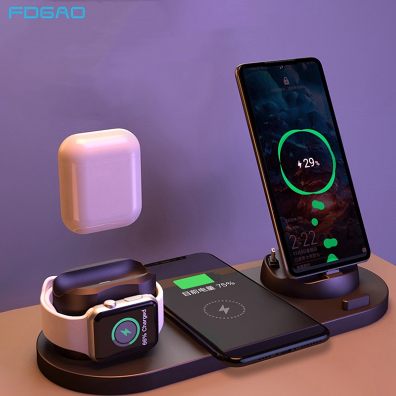 6 in 1 Qi Wireless Charger Dock Station for iPhone 11 Pro XS XR X 8 Samsung S20 S10 Android Type-C USB 10W Fast Charging Bracket