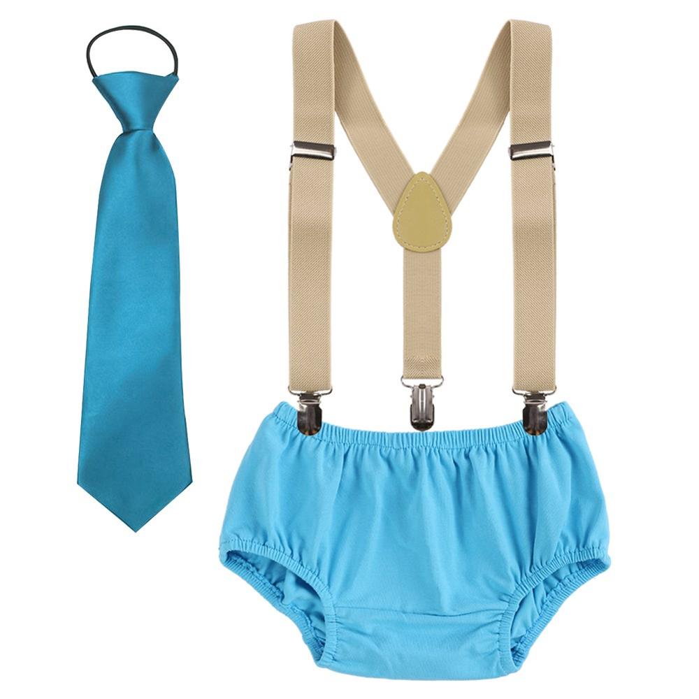 Vêtements pour bébé garçon et fille, tenue de fête d'anniversaire, short à bretelles et cravate, mignon, 3 pièces, pour séance Photo: Sky Blue B