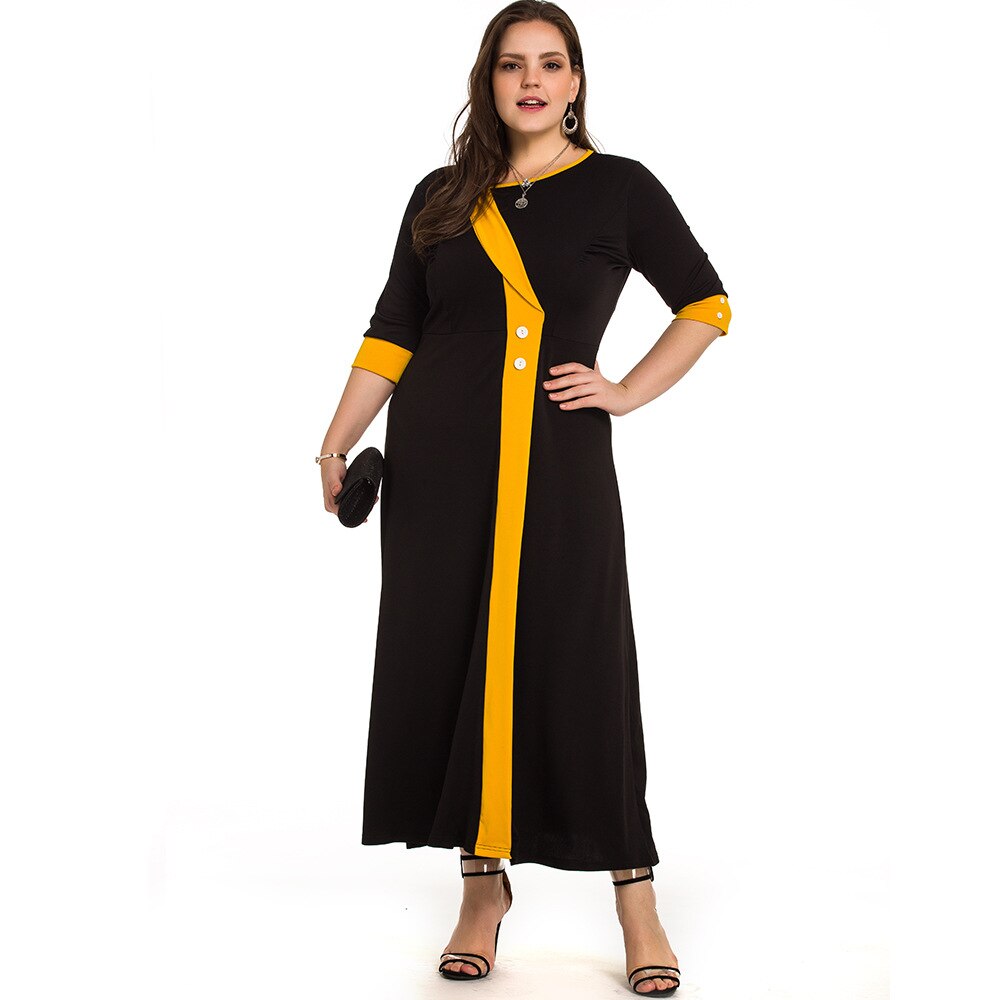 Plus size dame kontorkjole kvinder sommer kontrast multicolor festkjoler sort maxi lang kjole