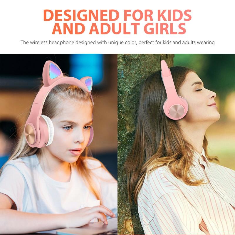 LED Cat Ear Headphones Bluetooth 5.0 Noise Cancelling Adults Kids Girl Headset Support TF Card FM Radio With Mic Wireless+Wired