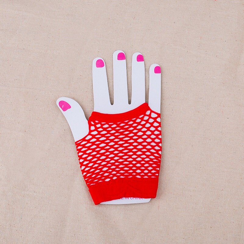 Nylonowe kolorowe rękawiczki kabaretki bez palców na 80s zaopatrzenie solidny i akcesoria kostiumowe różbyć winnym krótkie rękawiczki kabaretki dodatki na imprezę: Czerwony