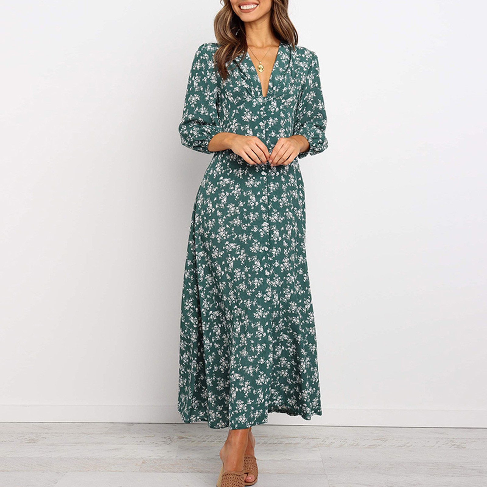 Vestido de verano de manga larga con estampado Floral para mujer, maxivestido Sexy de a la , cuello en V, corte ajustado: S / Verde