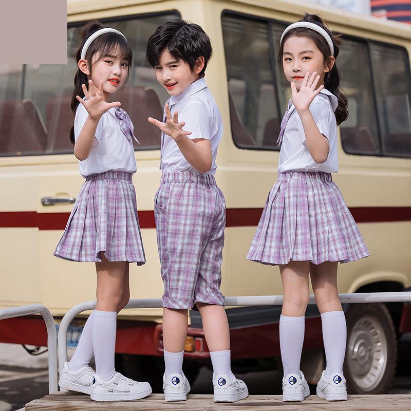 Girls Boys Primary School Uniform Set Children Jk Summer Academy Performance Class Plaid Pleated Skirt Short Sleeve Shirt Suit