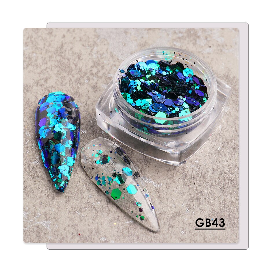 1 caja de Paillettes de uñas camaleón 3D, lentejuelas brillantes de sirena, lagarto, lentejuelas brillantes, arte de uñas hexagonales, decoraciones para manicura BE1904: GB43
