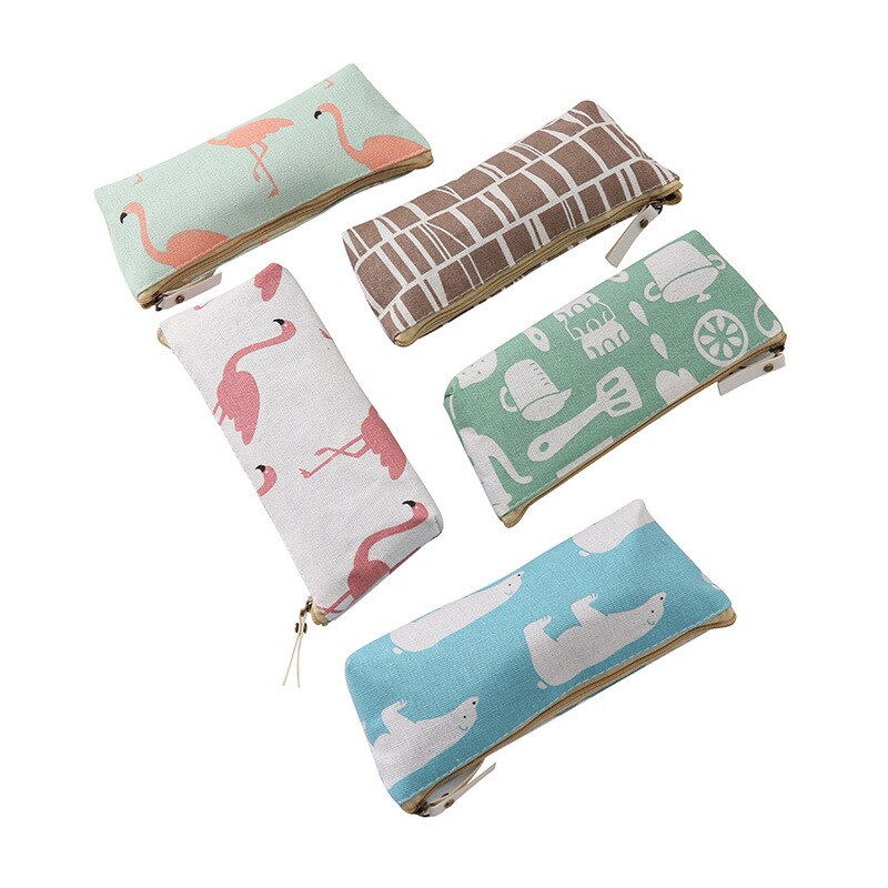 Vierkante katoenen en linnen etui met flamingoprint, rits, eenvoudige studentenstudie, schrijfwarentas, portemonnee