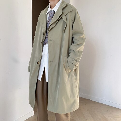 Ulzzang – Trench-coat à Simple boutonnage pour homme, vêtement d'extérieur Chic, uni, mi-long, Style coréen: green / XL