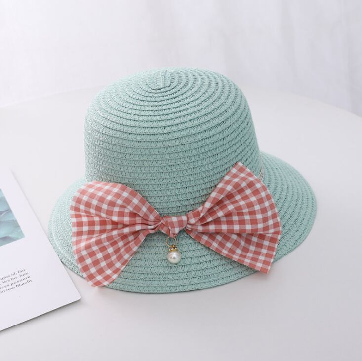 Zomer Kind Prinses Leuke Cartoon Stro Hoed Met Handtassen Tassen 2 Stuks Een Set Kids Meisje Baby Boog Plaid panama Zonnehoed: Hat  blue