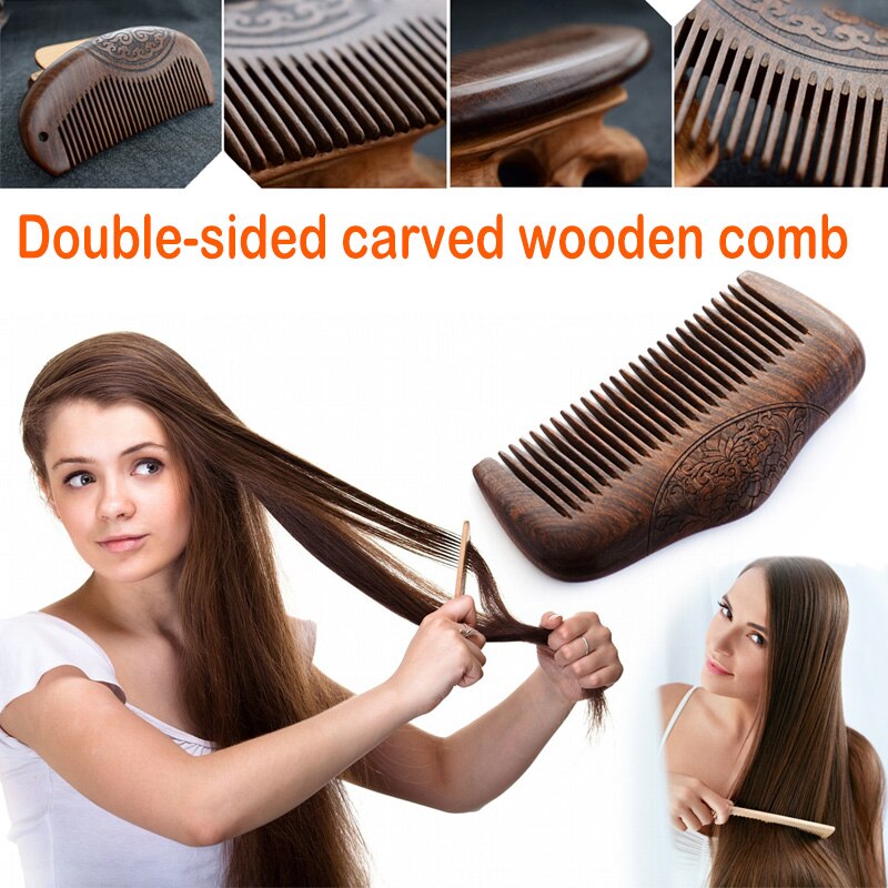 Golden Sandalwood Comb Double-Sided Carved Natural Sandalwood Fine Comb Anti-Static Care Massage 10x5.8x1.3cm NS