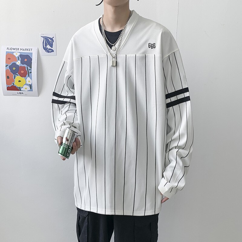 Striped V-neck Loose Sweatshirt Men Boy Korean Style Oversized Men's Sweatshirts Student Clothing: White / XL