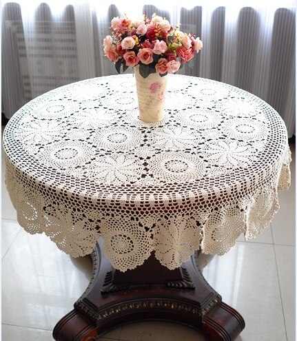 Round Table Cloth Handmade Crochet Tablecloth Nice Hand Crochet Dinner Round Table Cloth 100% Cotton Many Size Available: Beige / 90*160cm