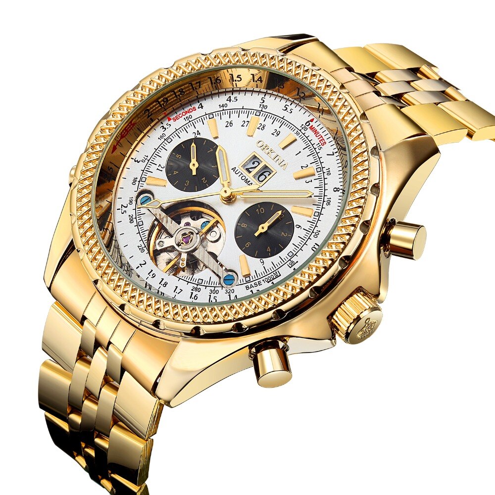 Tourbillon Automatische Mechanische Horloges Mannen Horloge Luxe Top Brand Skeleton Roestvrij Stalen Band Relogio Masculino: gold white