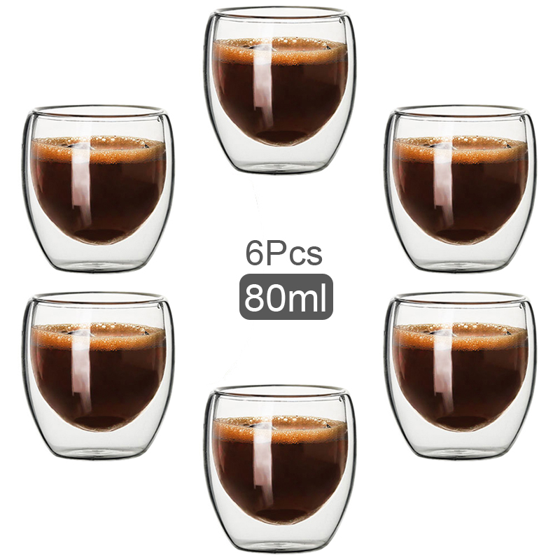 80ML Double Wall Glass Cup Transparent Handmade Heat Resistant Tea Drink Cups MINI Whisky Cup 100 centigrade Espresso Coffee Cup: 80ml x 6