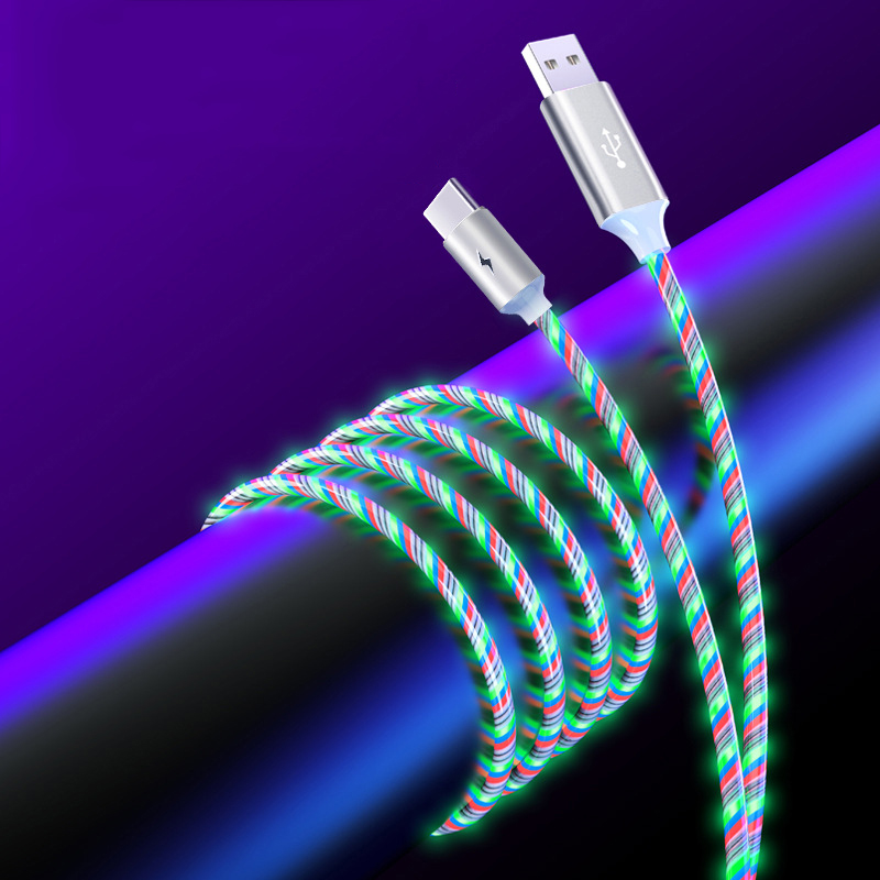 USB Phone Glowing Charging Cable Flow Light Cord Led Wire For Micro USB Type C Fast Charger For iPhone 12 Huawei Xiaomi Sumsung: Green / 2m For iPhone