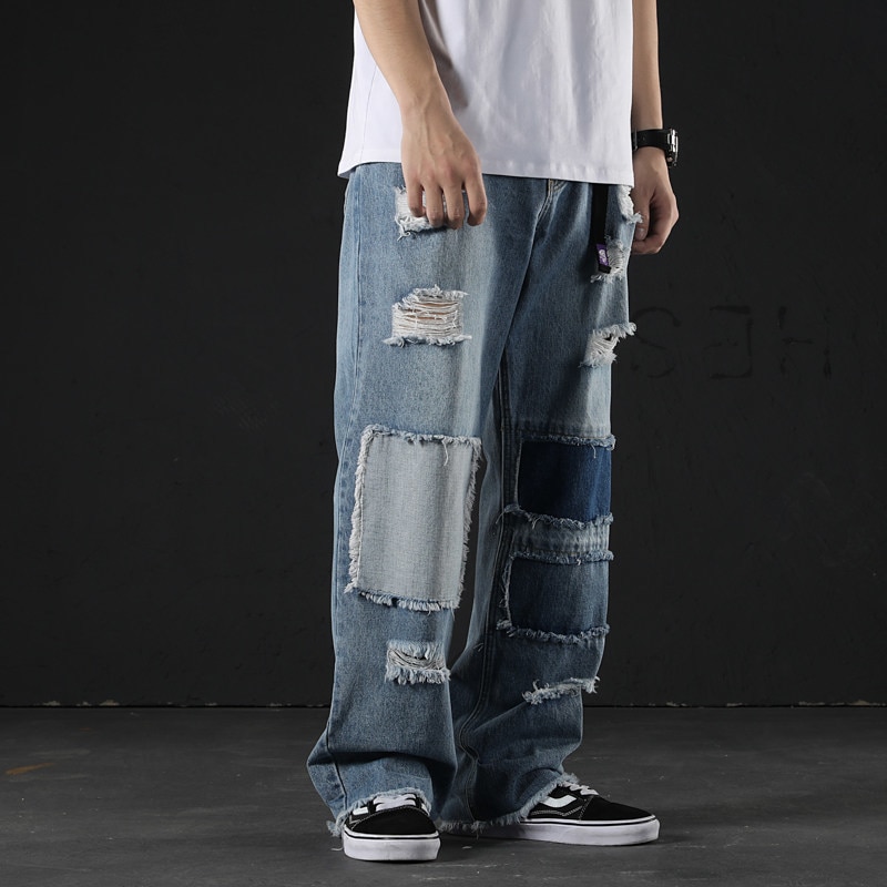 See Zerrissene ausgebeult Breite Bein Jeans Männer Patchwork Gerade Jeans verlieren passen Hüfte hüpfen Sommer Denim Knöchel Länge Hosen blau