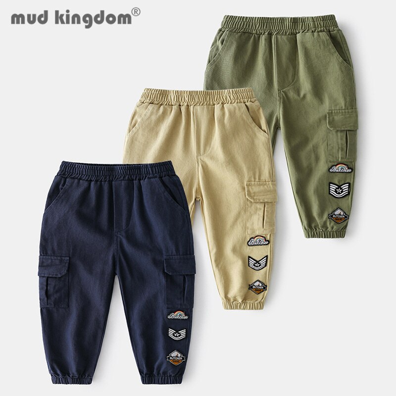 Mudkingdom-pantalones Cargo para niño, peto con bolsillos de dibujos animados, cintura elástica, pantalones sólidos para correr, ropa informal para niño, Primavera
