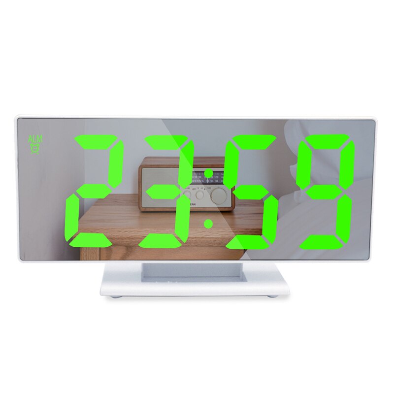 Alarm Clock LED Digital Clock Multifunction Mirror Snooze Display Time Night LCD Table Light Office USB Cable Digital Clock: White green words