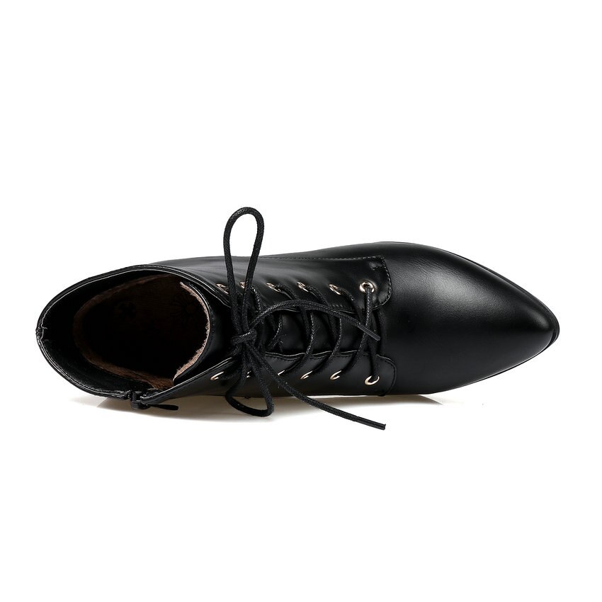 Qutaa dam ankelboots snörning spetsig tå pu läder tunn högklackat all match kvinnor ankel boots storlek 34-43