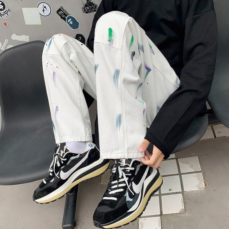 Cotton Graffiti Jeans Men Retro Baggy Casual Straight Jeans Men Streetwear Loose Hip-hop Denim Pants Mens Trousers S-2XL: White / L