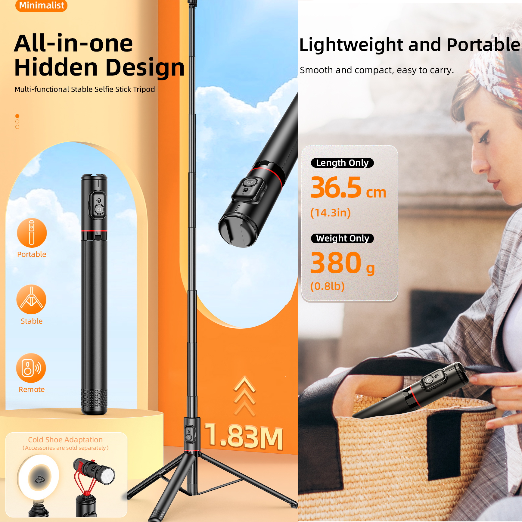 Selfie Stick Stativ - 1830mm Udtrækkelig - Trådløs Bluetooth Fjernbetjening - LED Lys - til iOS Android Smartphones