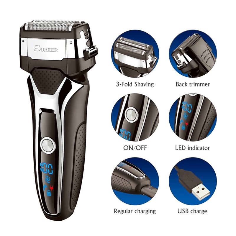 Surker Elektrische Rasierer für Männer USB schnell Wiederaufladbare IPX5 Wasserdichte 3 in 1 rotierend Rasierer maquina afeitar RSCX-958803