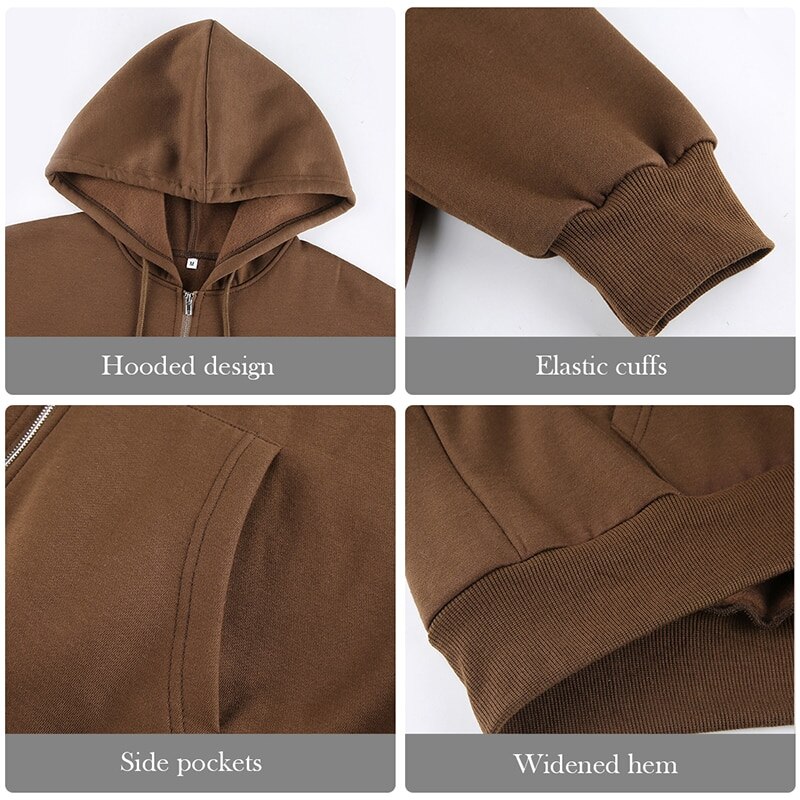 KANCOOL Brown Aesthetic Hoodies Women Vintage Zip Up Sweatshirt Winter Jacket Clothes Pockets Long Sleeve Hooded Pullovers