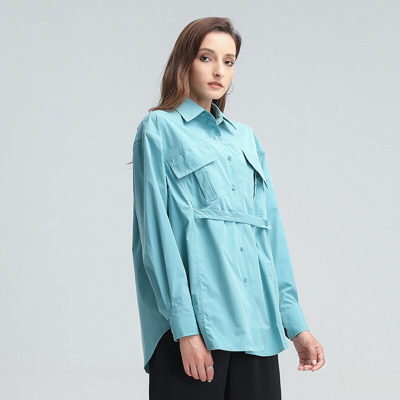 TWOTWINSTYLE Casual Loose Shirt For Women Lapel Long Sleeve Lace Up Patchwork Shirts Female Clothing Autumn