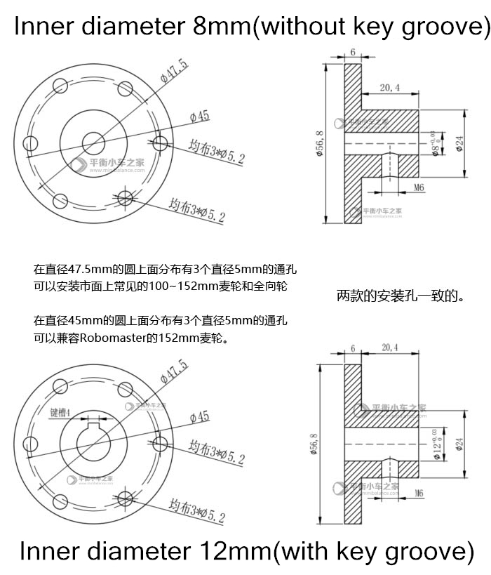 Mecanum hjulflangekobling indvendig diameter 5 6 8mm 12mm ( med nøglespor ) 10 14 15 16mm- huls robotchassis