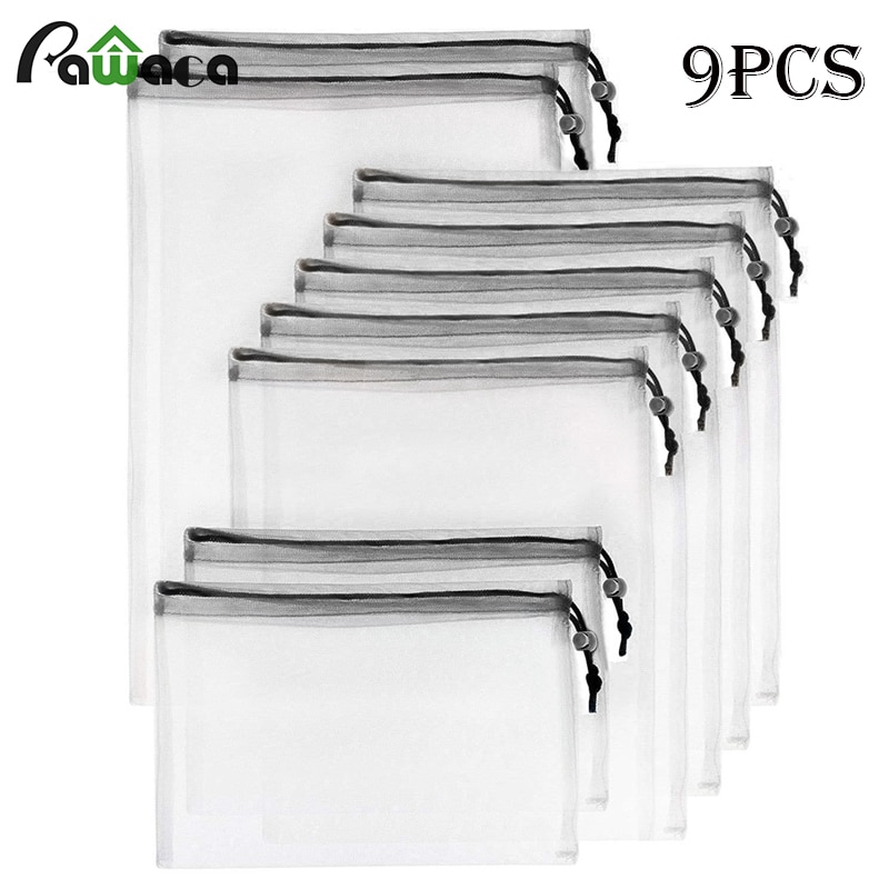 9 stks/set Premium Herbruikbare Touw Mesh Produceren Zakken Keuken Fruit Groente Speelgoed Opbergzakken Pouch Koord Mesh Boodschappentas