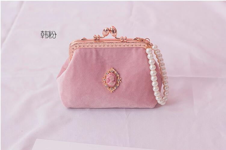 Angelatracy domstol korea vintage metall diamant flicka pärla kvinna liten axelväska spänne dam plånbok handväskor myntväska: Rosa