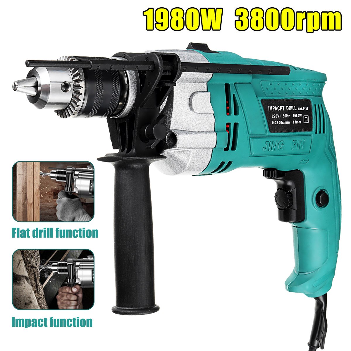 1980W 3800rpm 220V Electric Impact Drill Kit Handheld Flat Drill Rotary Hammer Multifunction + Scale Wrench Handle Bar