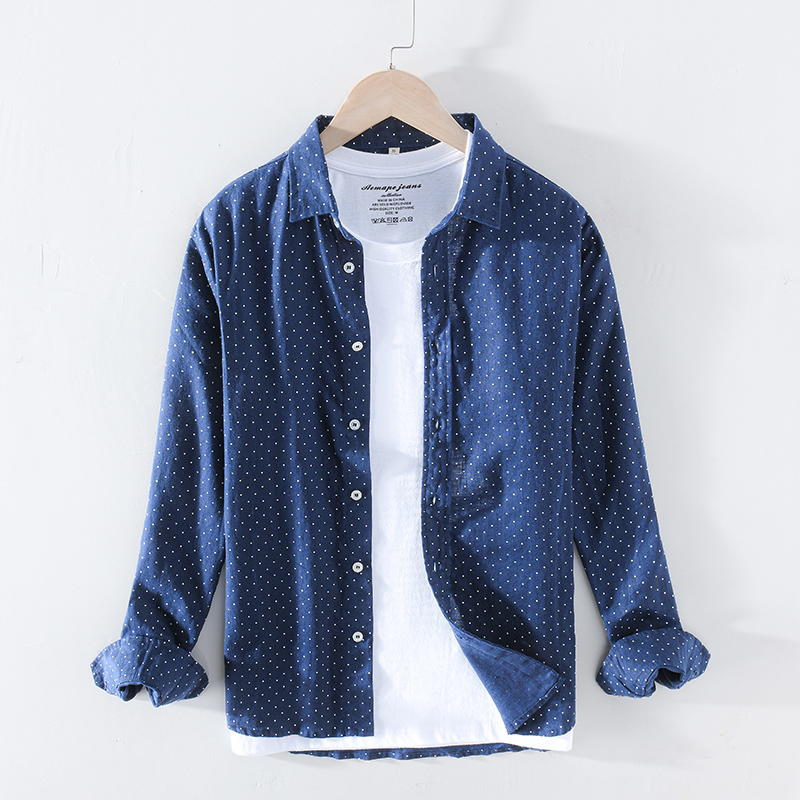 Camisas de primavera para hombre, camisa holgada de lino 100% a la con lunares, ropa de Y2546 de talla grande para hombre