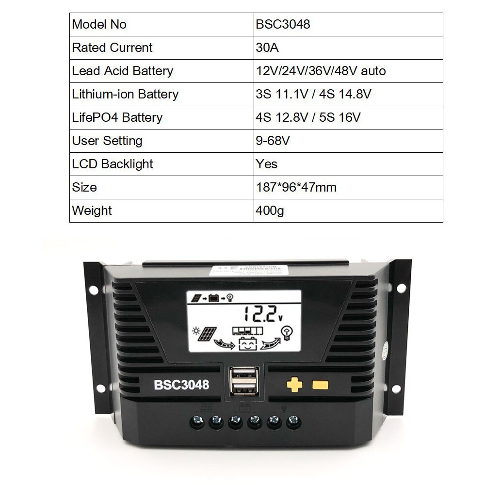 80A/60A/30A/20A/Solar Laadregelaar 12V 24V 36V 48V Auto backlight LiFePO4 Lithium Batterij 3.2V 3.7