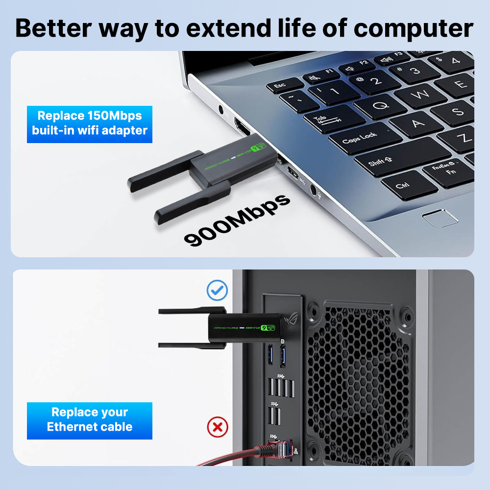 WiFi 6 AX900 BT5.3 USB WiFi Adapter 900Mbps USB Dongle Dual Band 2.4G/5GHz WiFi Network Card Drive Free for PC Laptop Win10/11