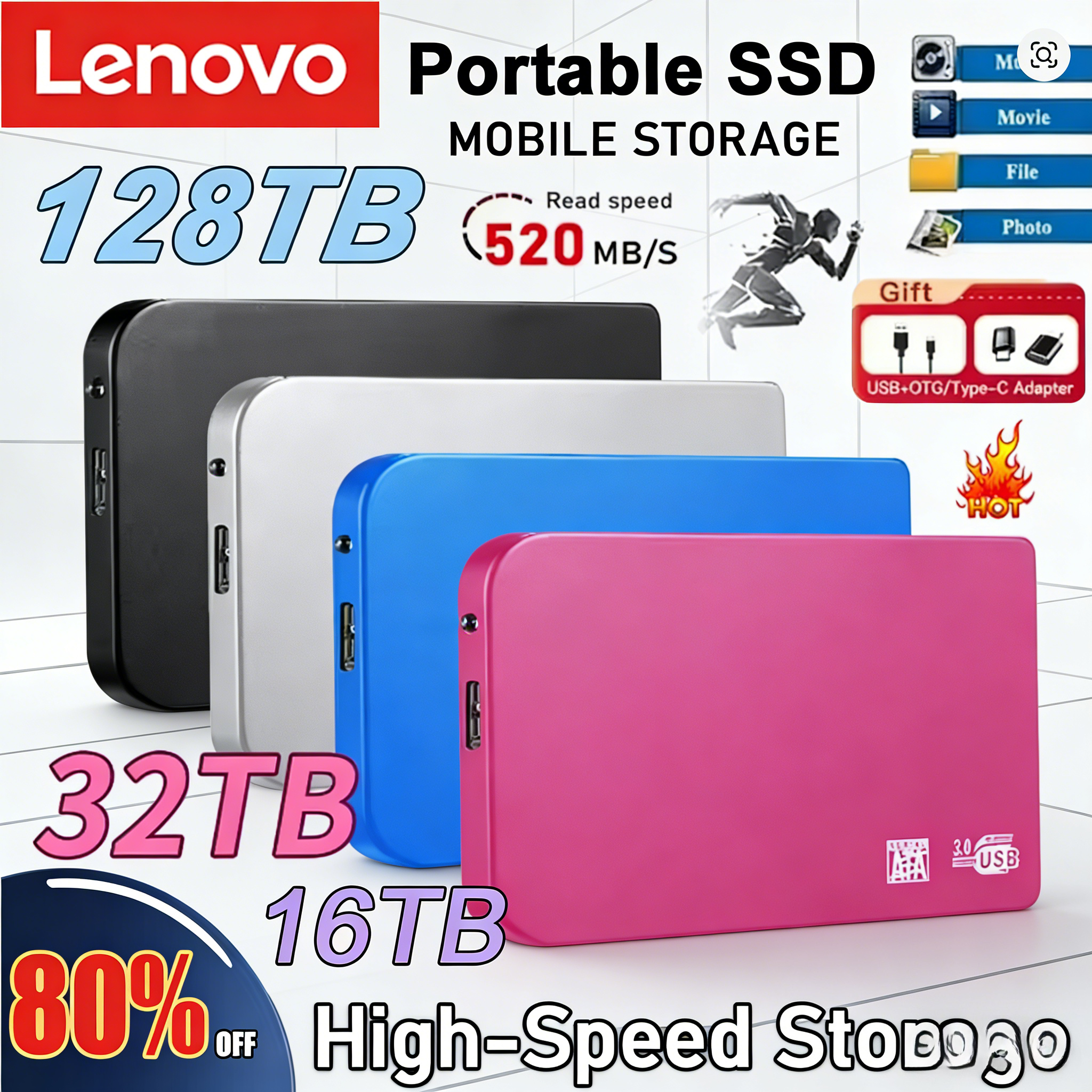 Lenovo Hochgeschwindigkeits-128TB-SSD-USB-3.0-Gehäbenutzen Handy, Mobiltelefon Festplattengehäbenutzen für SSD Externe Speicher-HDD-Kasten Mit USB3.0-Kabel ABS