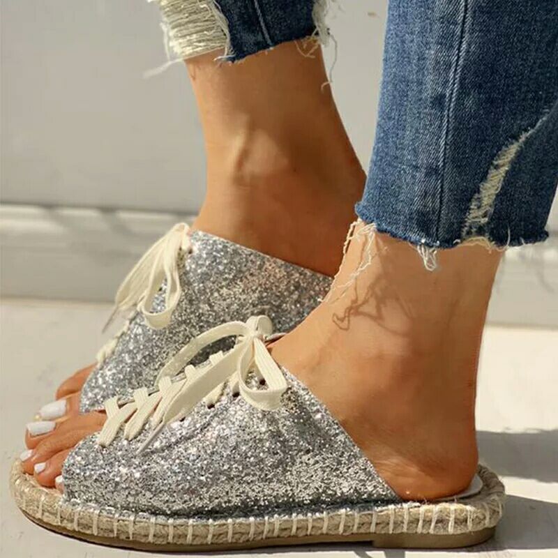 Women Leisure Cross-tied Flash Drilling Sequins Sandals Beach Flats Travel Outside Slippers zapatos de mujer: Silver / 6