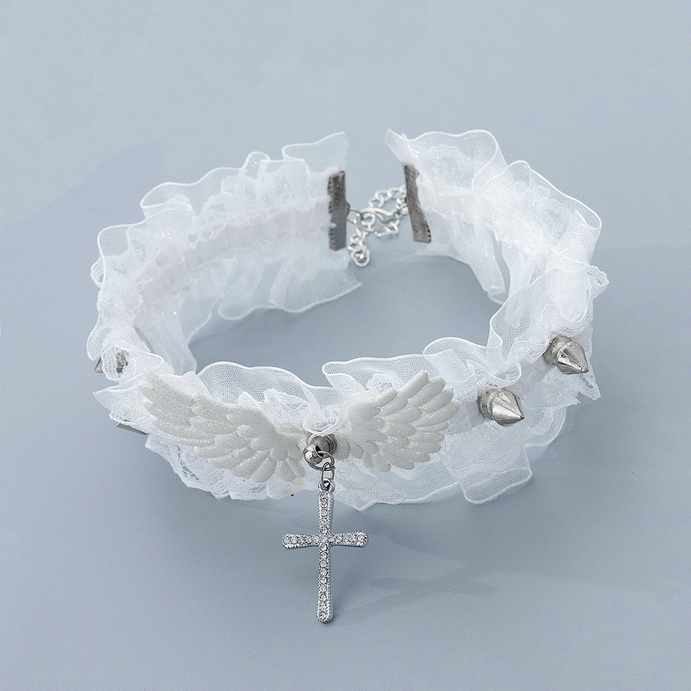 Hul sort/hvid blonde choker halskæde kors bling engel vinge nitte chokers vintage punk gotisk smykker goth halskæde til kvinder: Rødbrun